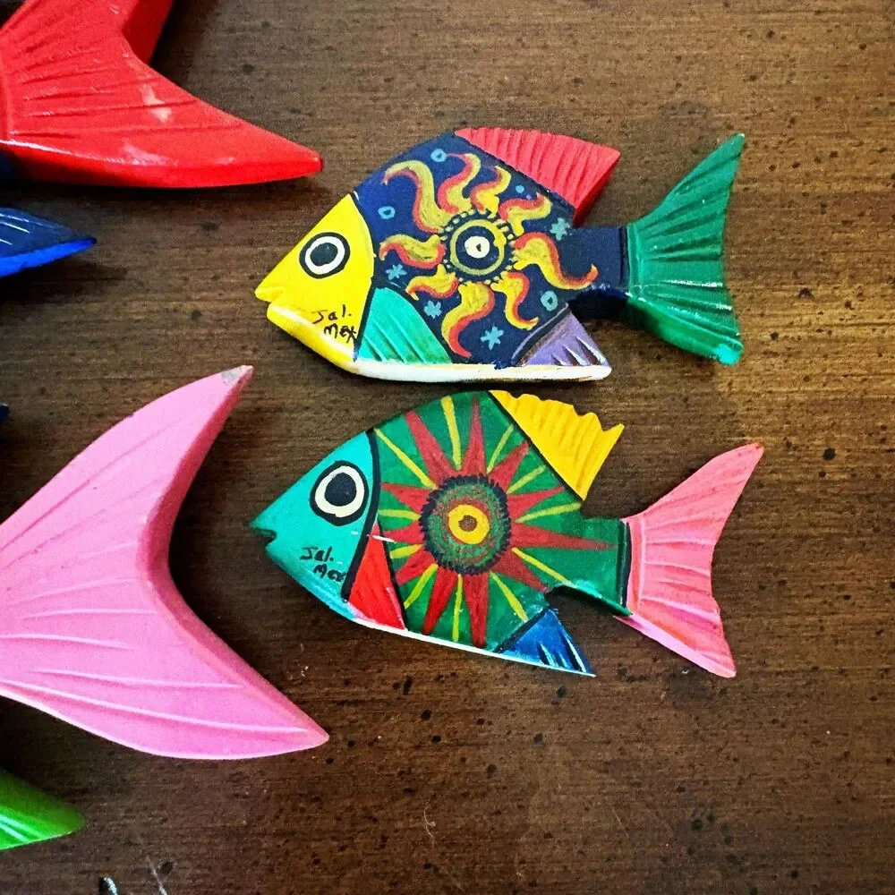 Hand Painted Tropical Fish Wood Carving Colorful Folk Art Wooden Figurine Mexico